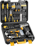 PULITUO Juego de taladro inalámbrico amarillo de 12 V, kit de herramientas para el hogar de 149 piezas con taladro eléctrico y caja de herramientas de almacenamiento, para reparación del hogar, mejora