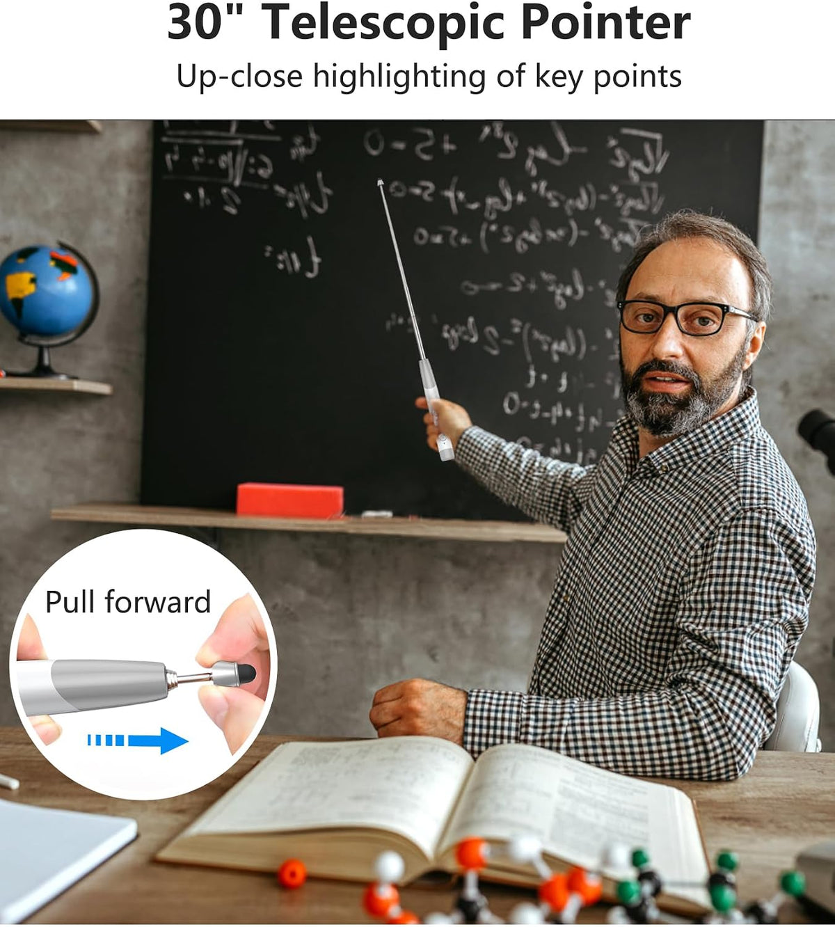 Clicker de presentación 4 en 1 con puntero telescópico y lápiz capacitivo, presentador inalámbrico de 2.4 GHz para PowerPoint/Keynote, cordón para profesor, recargable, compatible con tarjeta