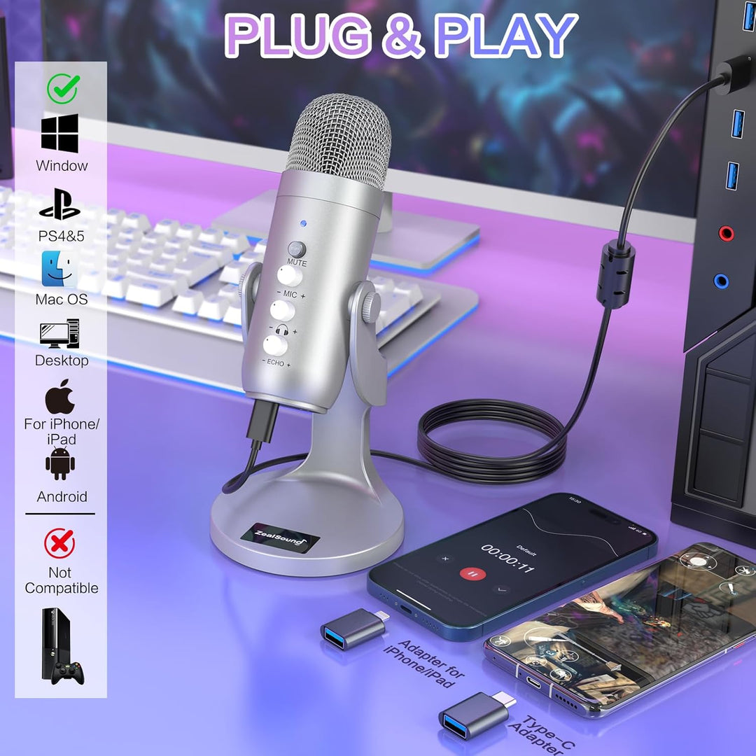 ZealSound Micrófono USB, micrófono condensador de computadora, micr...