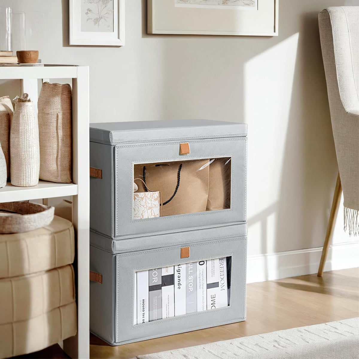 Contenedores grandes de almacenamiento para armario, contenedores de almacenamiento plegables con asas y ventana, organizador de cubos de tela con tapas, cajas decorativas para sala de estar