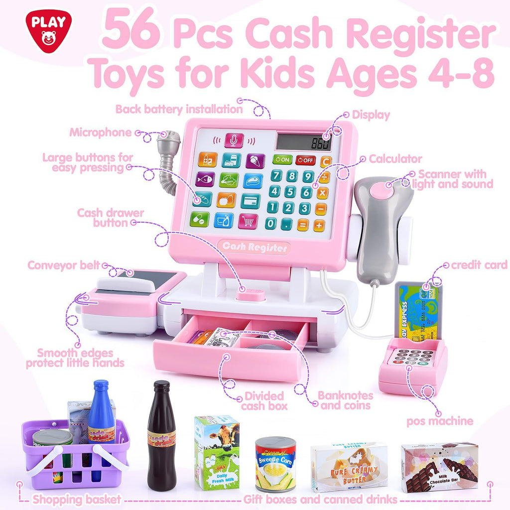 PLAY Caja registradora de juguete para niños - Juguetes de simulación de calculadora con micrófono/transportadores/dinero de juguete/escaner/tarjeta de crédito/latas/bebida, 3+ años. Juguetes