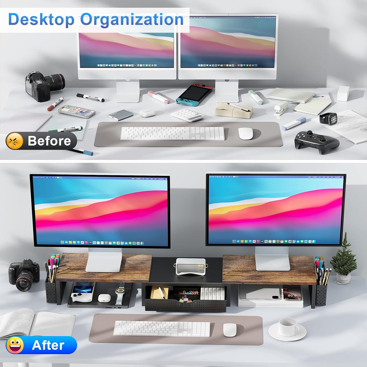 gianotter Soporte elevador de monitor doble, organizador de escritorio con cajón y 2 soportes para bolígrafos, soporte para monitor de computadora, estante de escritorio para la parte superior del