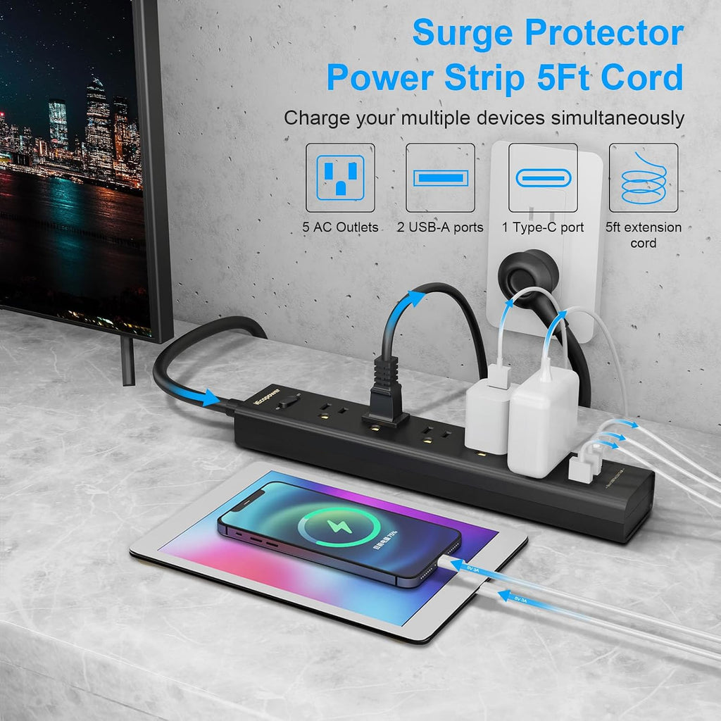 Paquete de 2 Regletas de Enchufes con Protección contra Sobretensiones - 5 Enchufes Ampliamente Espaciados, 3 Puertos USB (1 Puerto USB C), 1250W/10A con Cable de Extensión de 5 Pies, Regletas de
