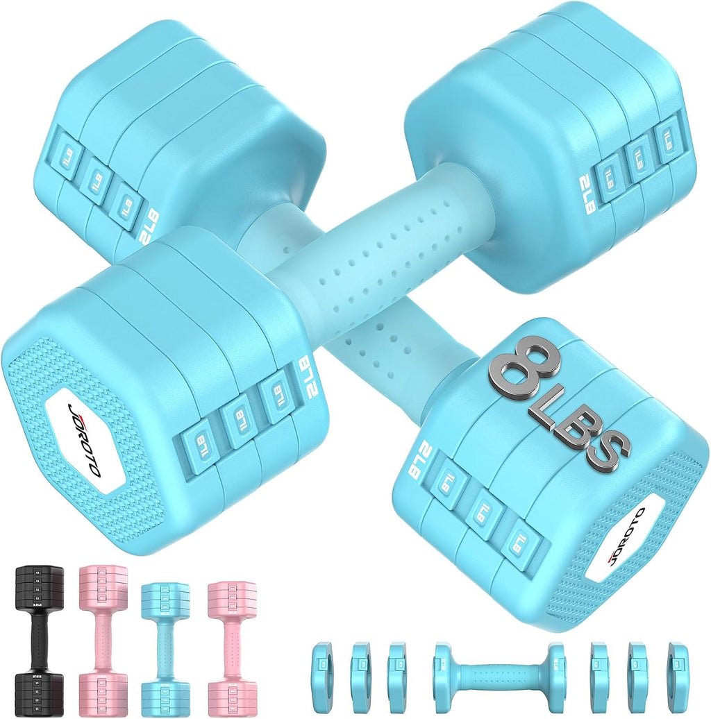 JOROTO Set de Mancuernas Ajustables 5 en 1, Par Ajustable 8LB/11LB para Mujeres en Casa, Bloqueo Dual 1s-Adjust Estable con Mango Suave TPE, Gimnasio en Casa, Rehabilitación, Pilates, Yoga, Entrenamiento de Fuerza