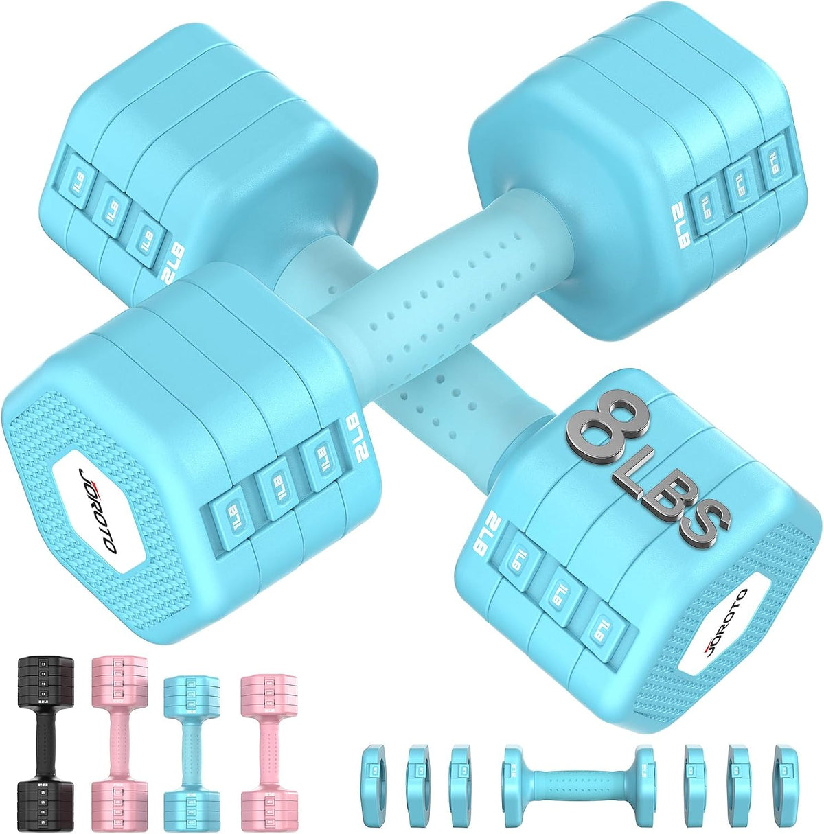 JOROTO Set de Mancuernas Ajustables 5 en 1, Par Ajustable 8LB/11LB para Mujeres en Casa, Bloqueo Dual 1s-Adjust Estable con Mango Suave TPE, Gimnasio en Casa, Rehabilitación, Pilates, Yoga, Entrenamiento de Fuerza