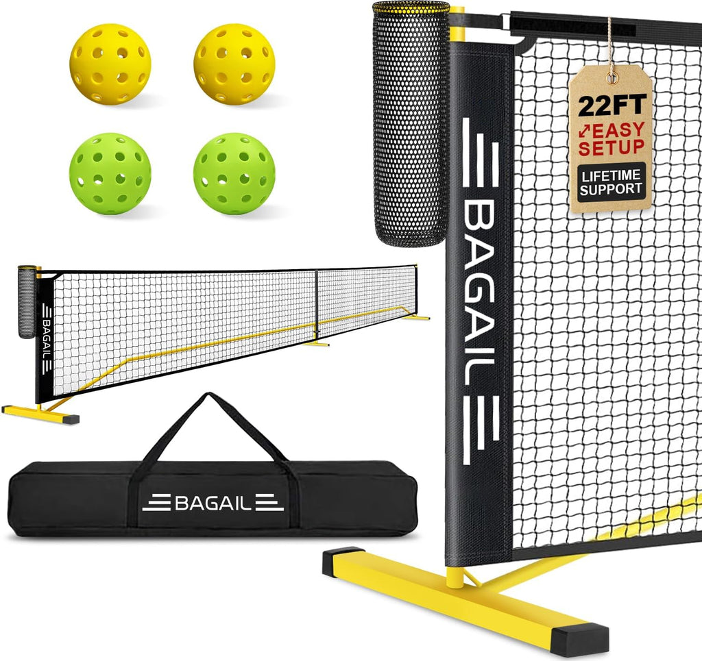 BAGAIL Portátil Set de Red de Pickleball, 22 FT Tamaño reglamentario de red de pickleball con recogedor de pelotas, 4 pelotas y bolsa de transporte, montaje fácil para exterior interior en la entrada