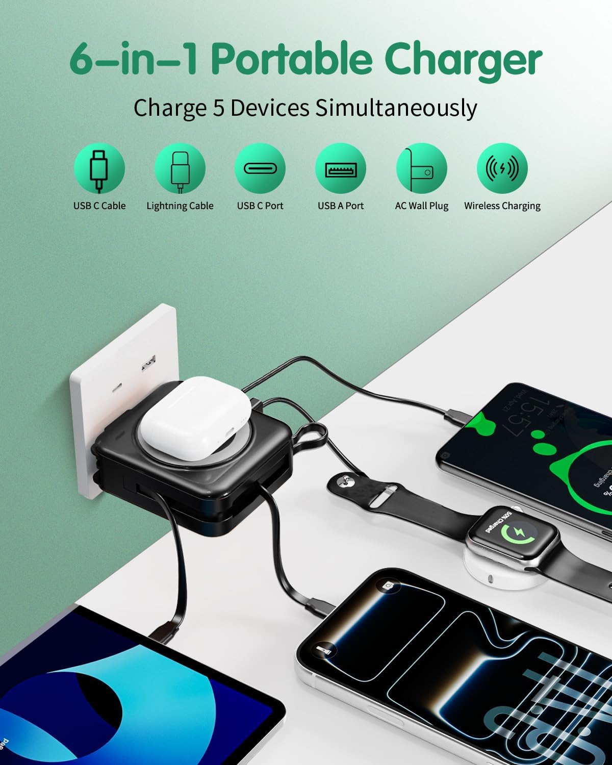 10000mAh para cargador portátil Magsafe Cables integrados y enchufe, Negro