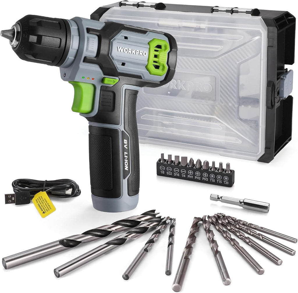 WORKPRO Power Drill Bit Set con Tool Box, 8V Cordless Drill Driver
