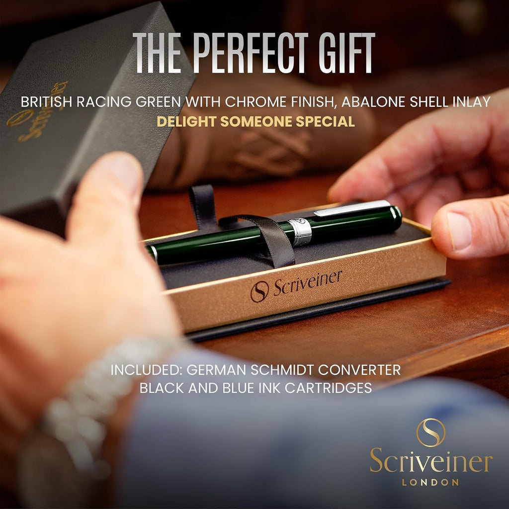 Scriveiner - Pluma fuente British Racing Verde – Impresionante pluma de lujo con acabado cromado, punta Schmidt (mediana), el mejor juego de regalo para hombres y mujeres, profesionales, ejecutivos