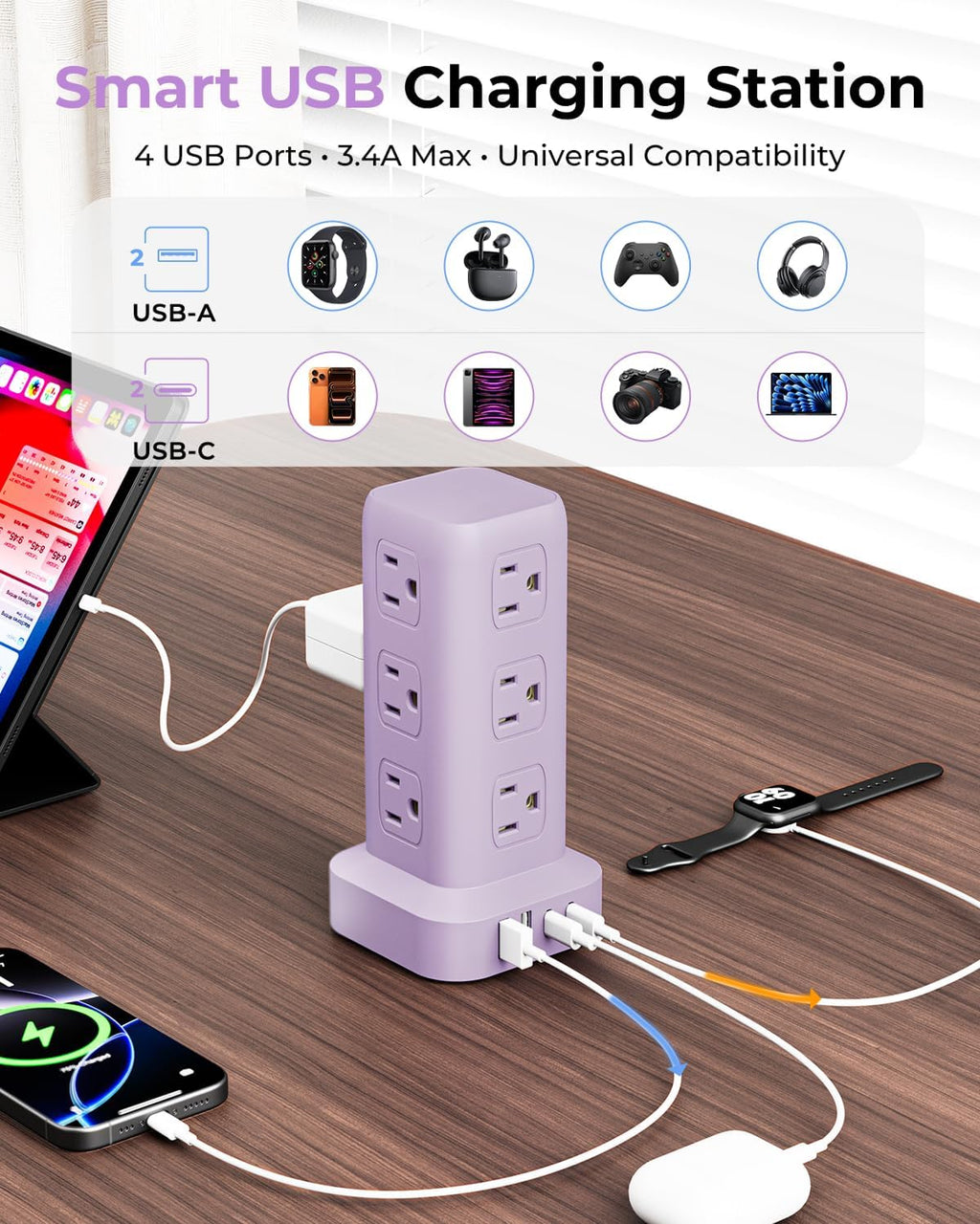 Regleta de alimentación con 12 tomas, 4 USB (1 USB C), cable de extensión de 6.5 pies con múltiples tomas, estación de carga, torre de regleta de alimentación morada, suministros de escritorio de