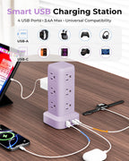 Regleta de alimentación con 12 tomas, 4 USB (1 USB C), cable de extensión de 6.5 pies con múltiples tomas, estación de carga, torre de regleta de alimentación morada, suministros de escritorio de