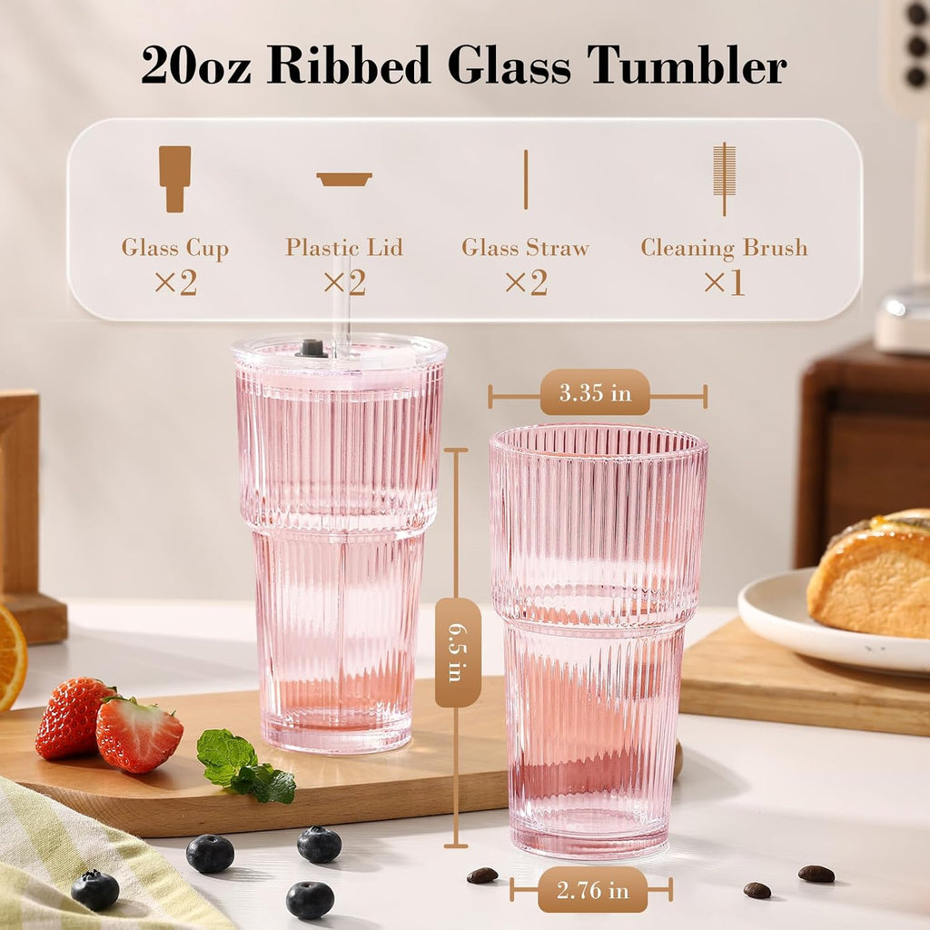 GOSCHE Vasos de vidrio rosa con tapas y pajitas, tazas de café helado de 20