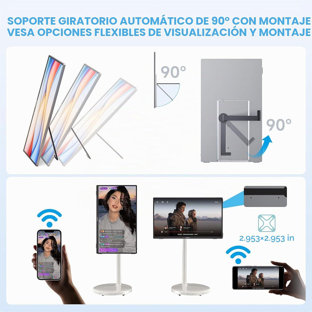 Monitor portátil inalámbrico, extensor de pantalla portátil de 15.6 pulgadas, 1080P, lanzamiento inalámbrico y rotación automática, monitor dual para portátil/Mac/Switch/teléfono/PC