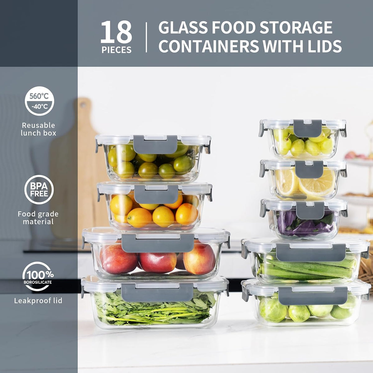 18 piezas de recipientes de vidrio para almacenamiento de alimentos con tapas, recipientes de vidrio herméticos para preparación de comidas, juego de recipientes de almacenamiento de