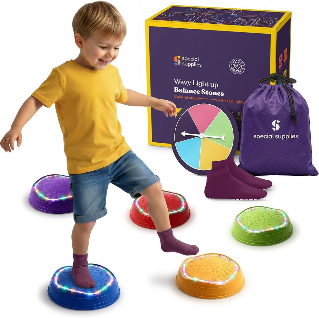 Special Supplies MUSICAL - Juego de 5 piedras LED para niños, bloques de equilibrio iluminados, coordinación y equilibrio para niños pequeños y niños, goma antideslizante duradera, juego seguro para