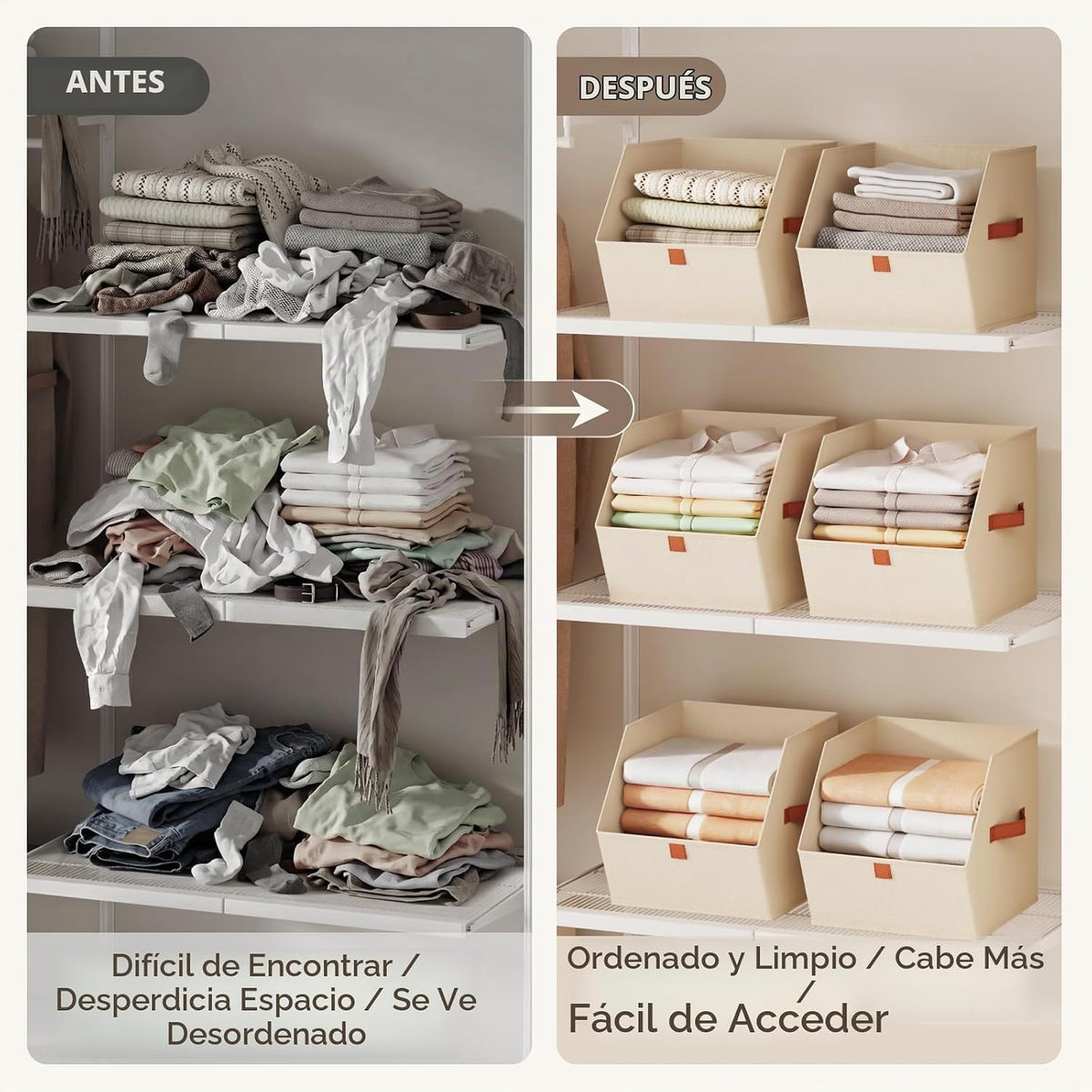 Cubos de almacenamiento de tela para armario, paquete de 6 cubos cuadrados de almacenamiento con doble asa para ropa, toallas, juguetes, cubos organizadores de almacenamiento para dormitorio, guardería, estantes, armario, espacios pequeños, beige
