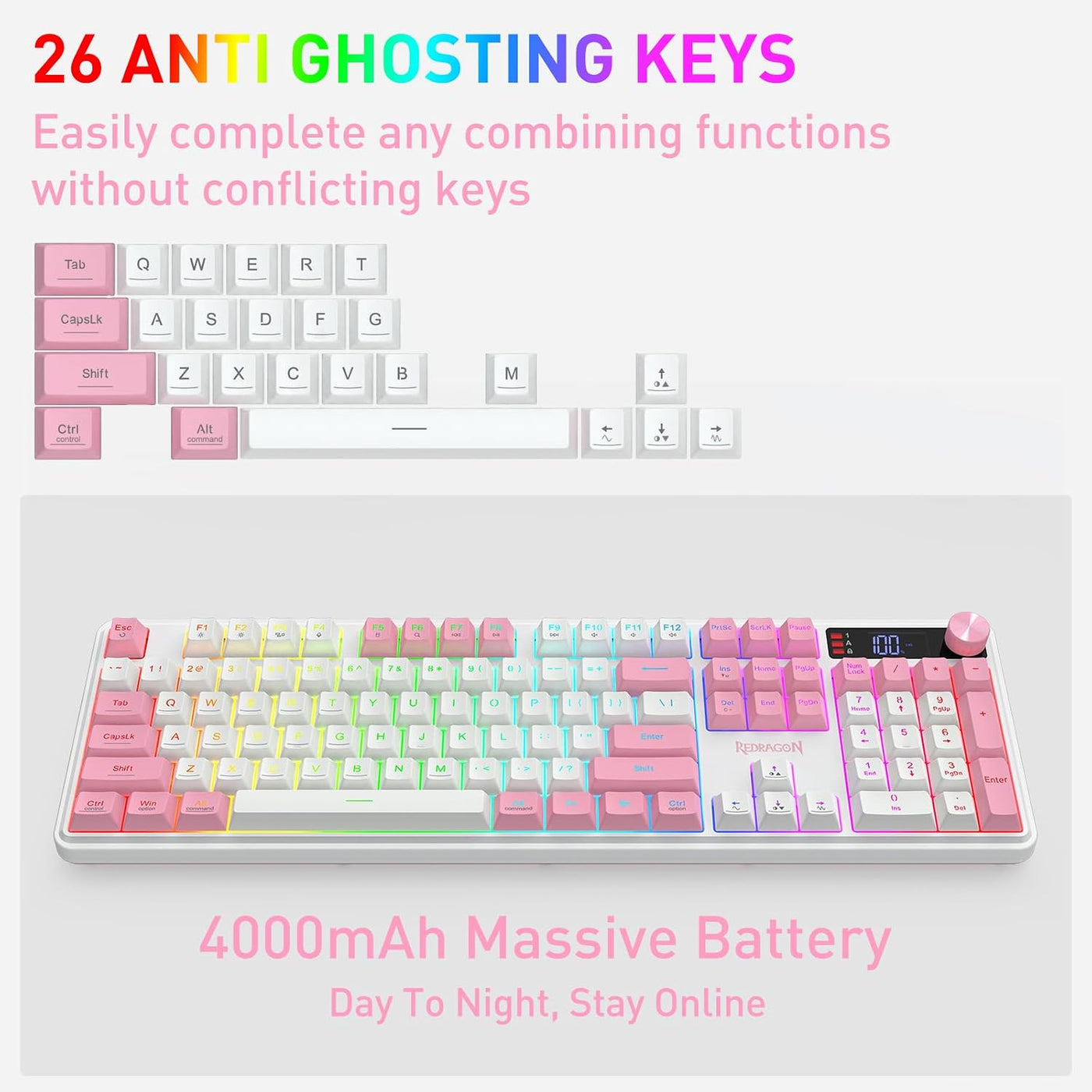 Redragon K526 PRO Teclado inalámbrico para juegos de membrana RGB,...