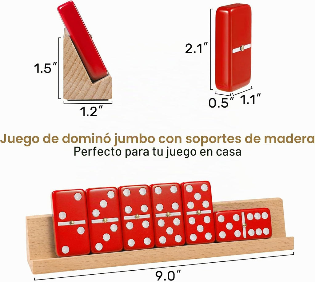 Juego de dominó jumbo para adultos con 4 bastidores de madera/bandejas, juego de viaje de 6 dominó dobles con funda portátil, juego de dominó doble de seis con 4 soportes para azulejos, juego de dominó de 28 azulejos para juegos de mesa familiares