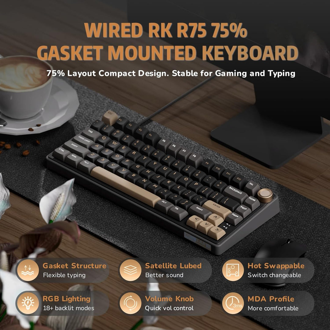 RK ROYAL KLUDGE R75 Teclado mecánico con cable con perilla de volum...