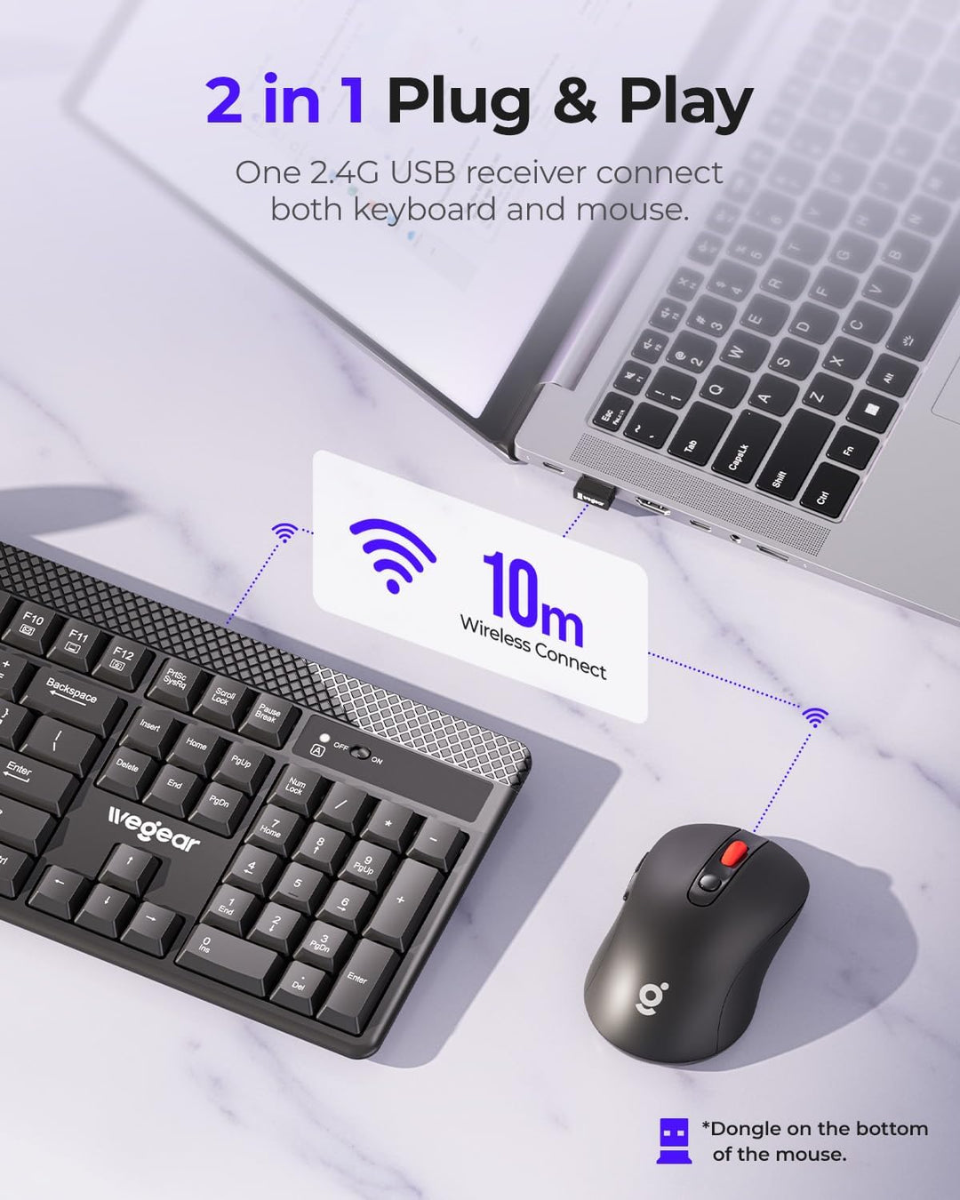 wegear Combo de teclado y mouse inalámbricos, mouse ajustable de 5...