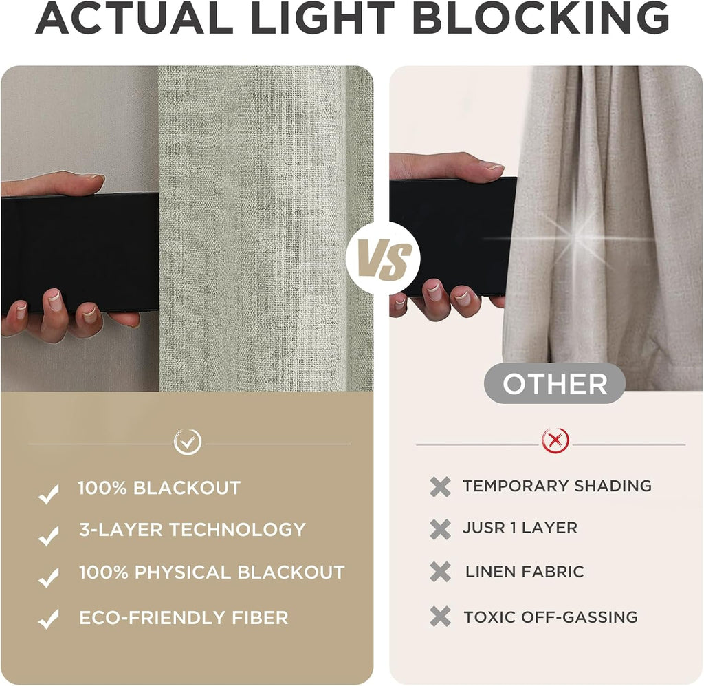 Joydeco Cortinas opacas para dormitorio, 84 pulgadas de largo, 100% bloqueo de luz, 2 paneles de cortinas beige claro, cortinas de oscurecimiento de habitación con aislamiento térmico, lino