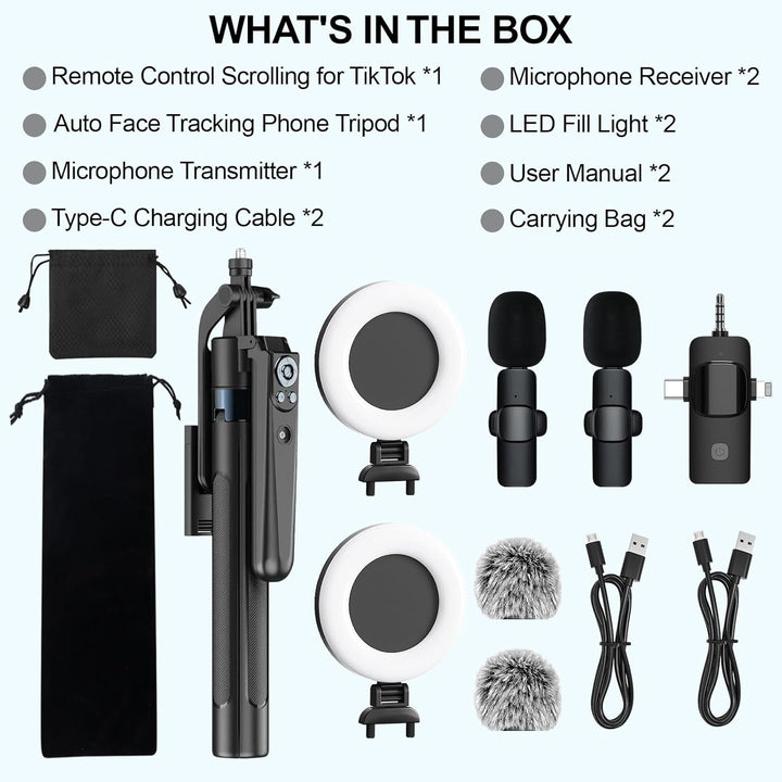 Trípode para iPhone con luz y control remoto, micrófonos inalámbric...