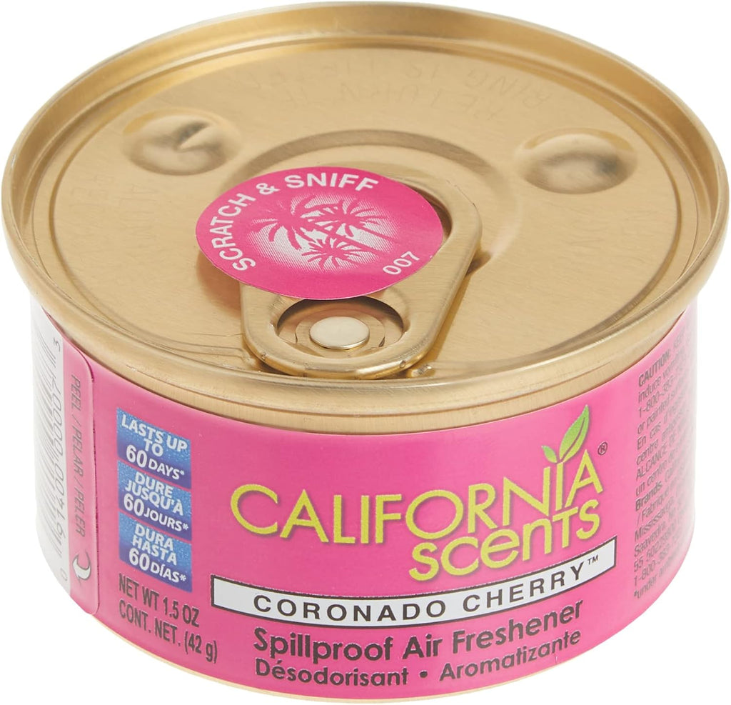 Ambientador y neutralizador de olores en lata de California Scents, juego de 12 latas a prueba de derrames para el hogar y el automóvil, aroma a cereza Coronado, fresco y audaz, 1.5 oz cada una