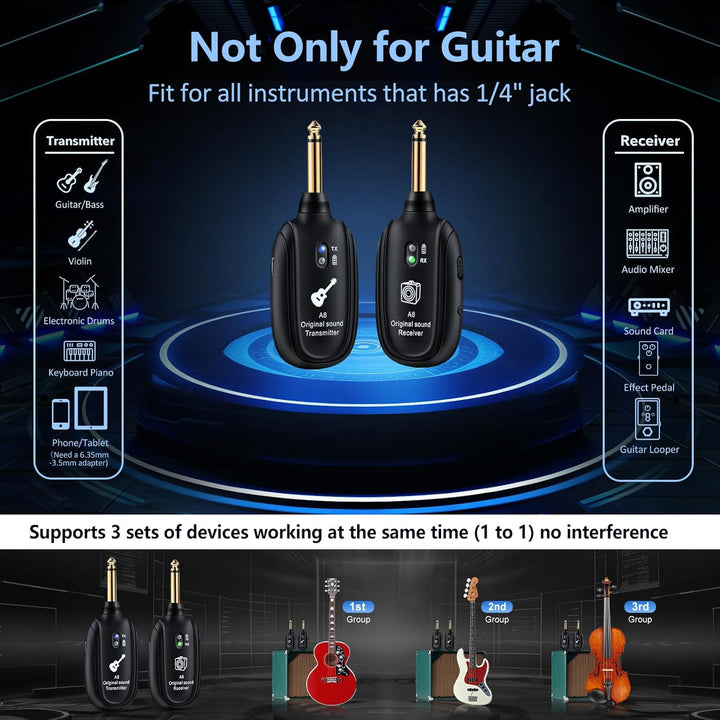 INGPARTNER Sistema de guitarra inalámbrico A8 UHF, 2 modos, batería...