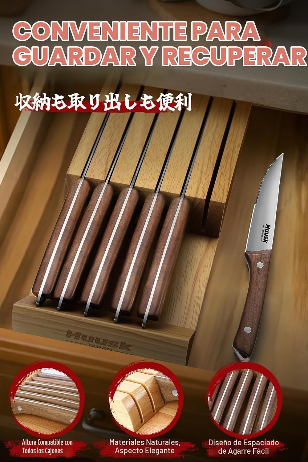 Huusk - Juego de 6 cuchillos para carne con bloque de madera