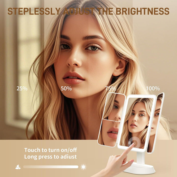 FRANO Espejo de maquillaje plegable de tres pliegues con luces, esp...