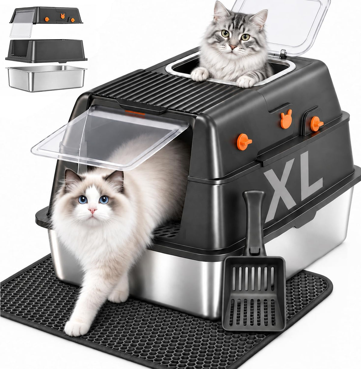 Caja de arena de acero inoxidable con tapa, caja de arena cerrada extragrande para gatos grandes, bandeja de arena de metal alto para gatos, entrada frontal y salida superior