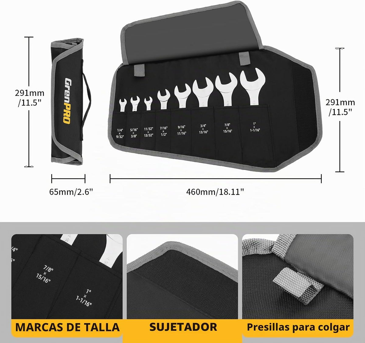 Juego de llaves SAE superdelgadas, juego de llaves de extremo abierto, 17 piezas 1/4, 9/32, 5/16, 3/8, 11/32, 13/32, 7/16, 1/2, 9/16, 11/16, 3/4, 13/16, 7/8, 15/16, 1, 1-1/16, bolsa enrollable