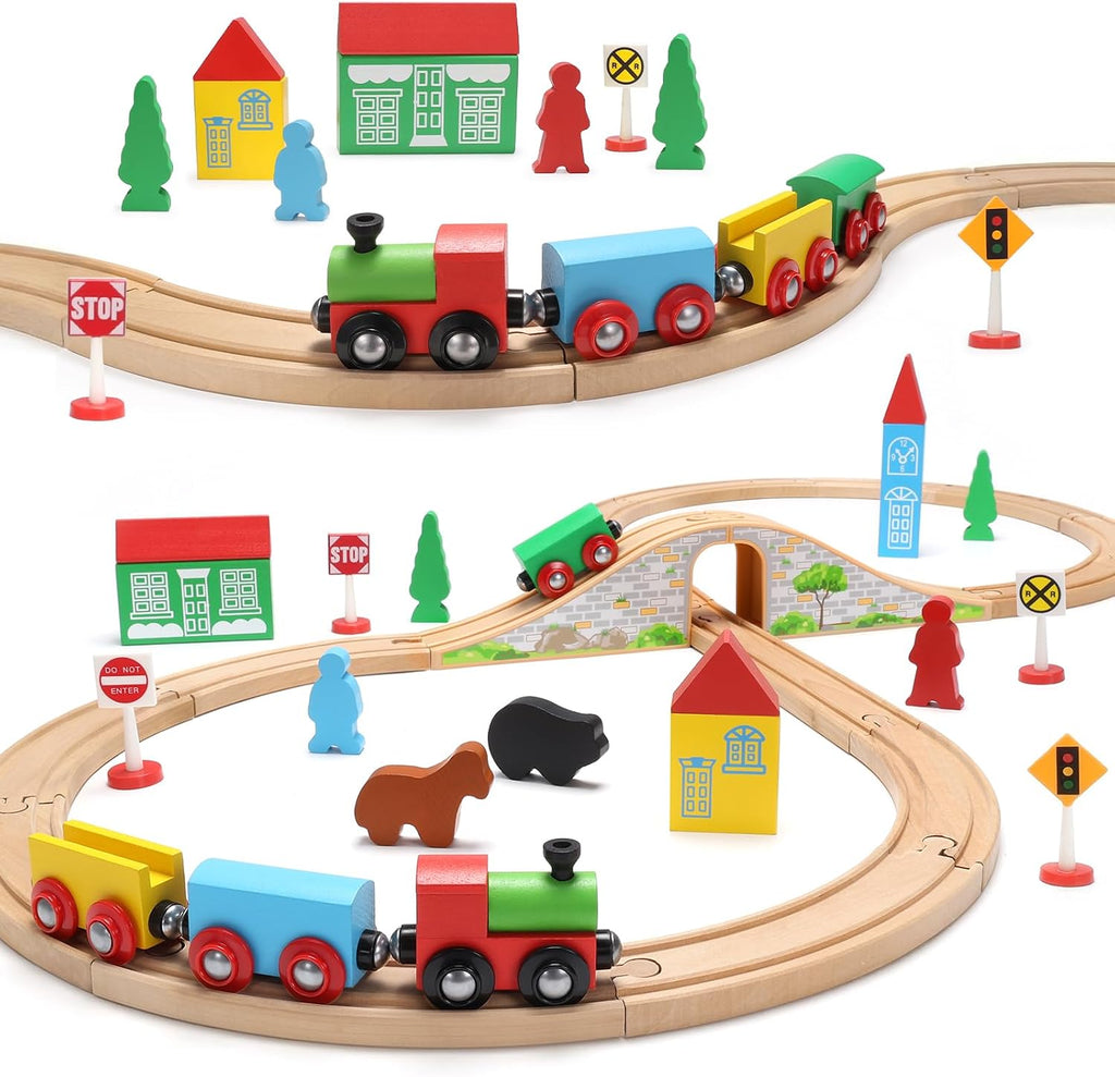 SainSmart Jr. Juego de Tren de Madera para Niños Pequeños con Vías de Tren de Doble Cara Compatible con Brio, Thomas, Melissa y Doug, Tren de Juguete de Madera Infantil para Niños y Niñas de 3, 4, 5