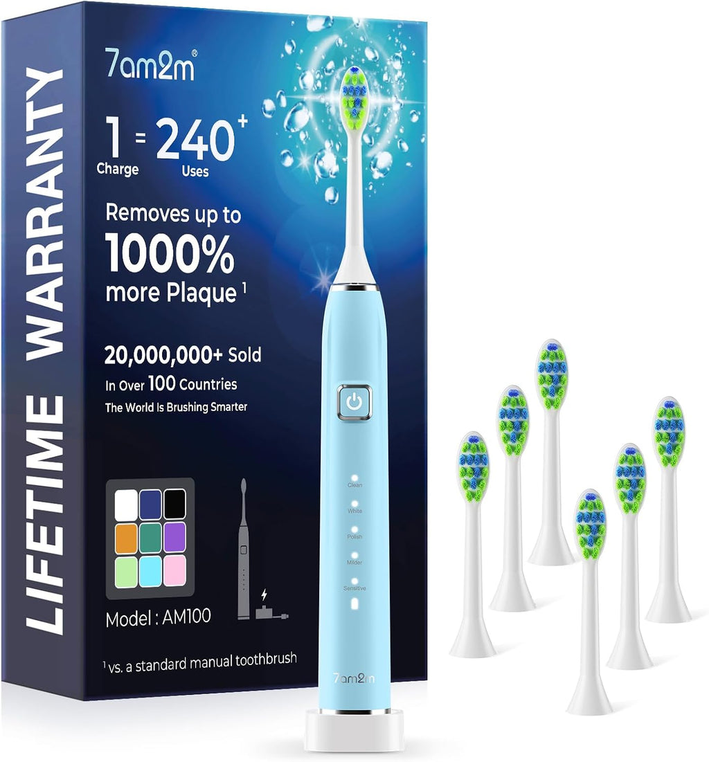 7AM2M Cepillo de dientes eléctrico sónico con 6 cabezales de cepillo para adultos y niños, una carga durante 120 días, carga rápida inalámbrica, 5 modos, cepillo de dientes alimentado por 40000VPM