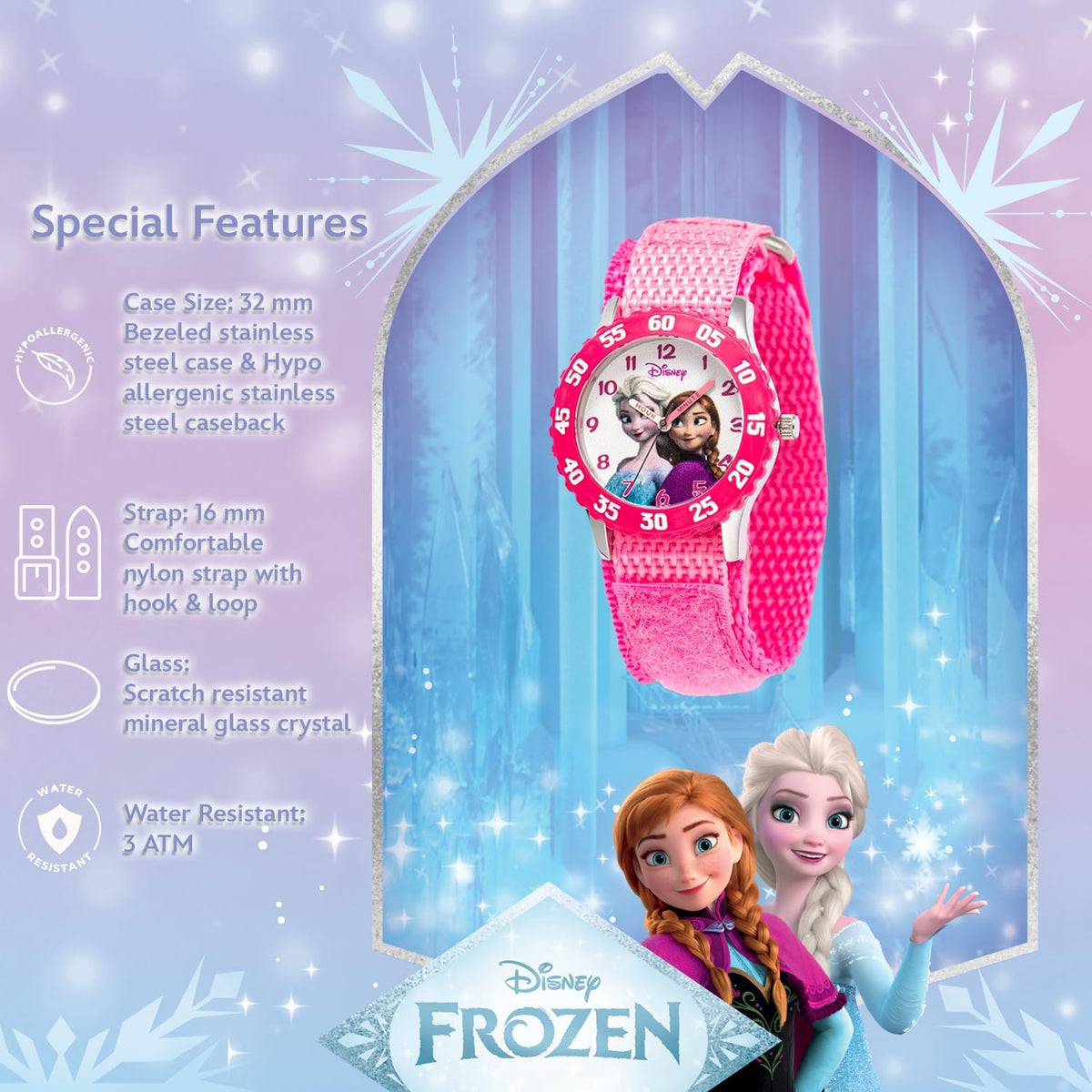 Disney Frozen - Reloj analógico Time Teacher para niños con bisel de acero inoxidable y correa de nailon