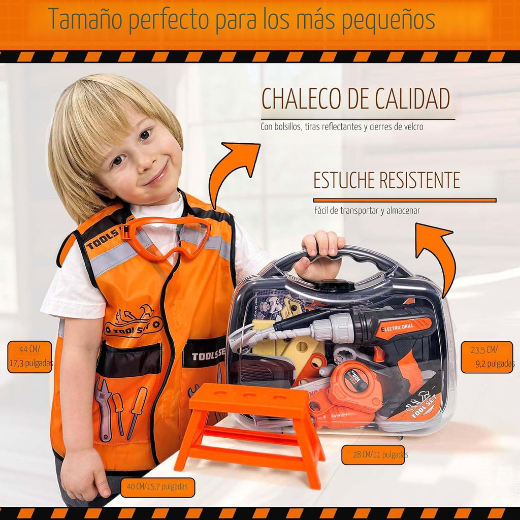 KidBloom Juego de Herramientas para Niños Pequeños, Juego de Herramientas para Niños con Taladro de Juguete, Herramientas para Niños con Caja de Herramientas y Chaleco, Juguetes para Niños Varones de