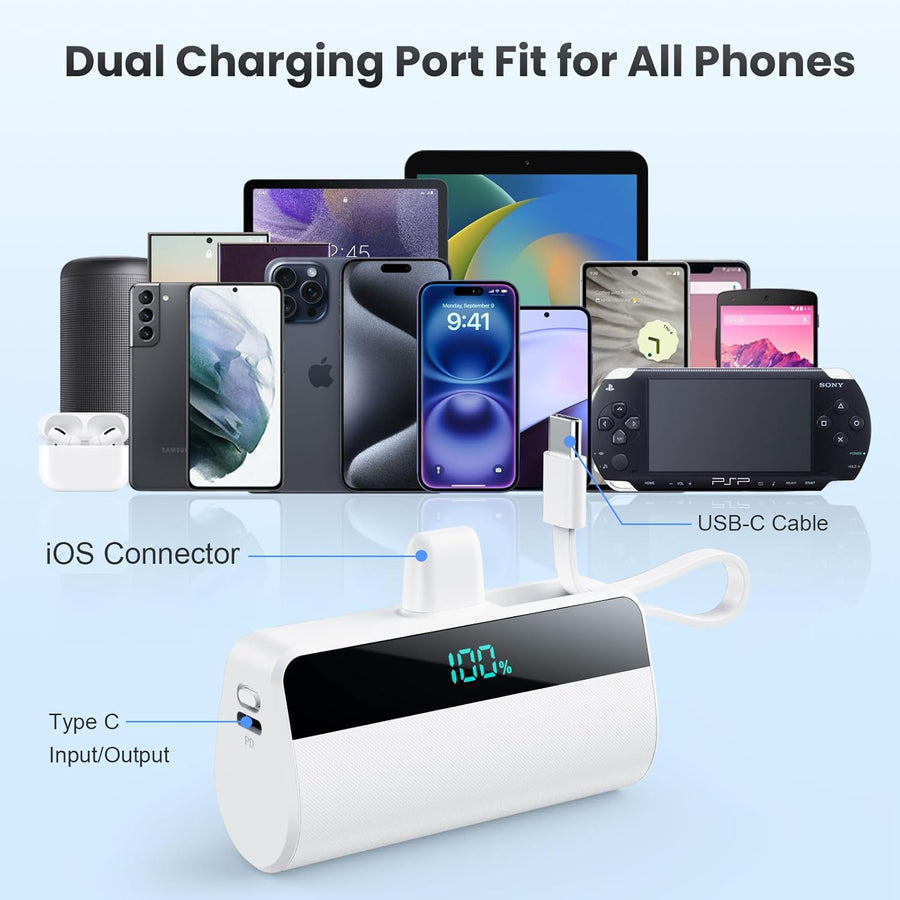 Cargador portátil mini para iPhone con cable USB C incorporado, bat...