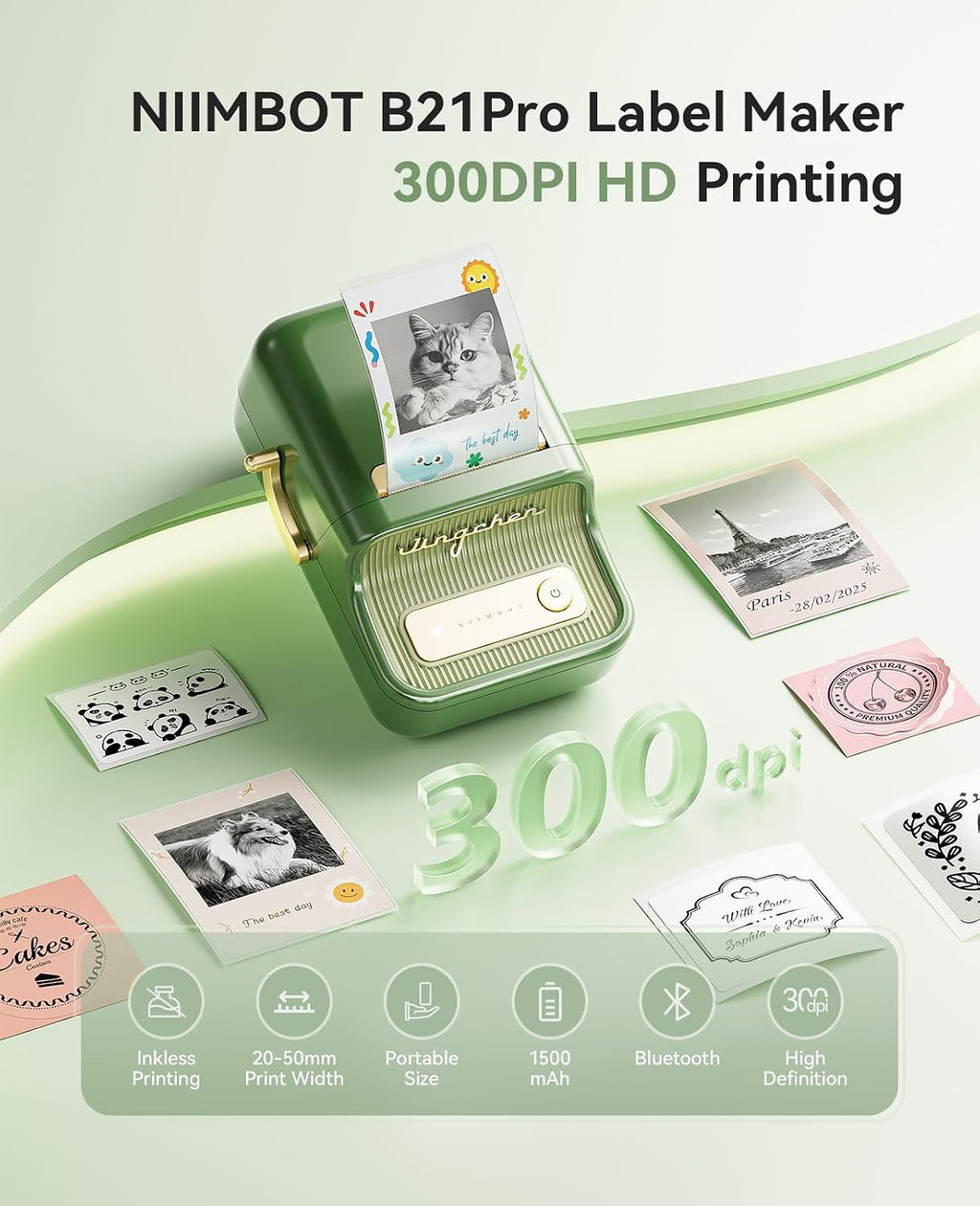 NIIMBOT Label Maker, B21 Pro 300DPI Impresora de pegatinas HD para fotos, verde