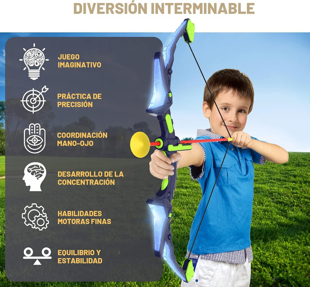 Kmuxilal Set de Arco y Flecha para Niños 2 Pack con Luces LED, 14 Flechas con Ventosa y Diana de Pie Fluorescente - Juego de Tiro con Arco Perfecto para Interior y Exterior, Juguete Regalo para Niños de 4 5 6 7 8-12 Años