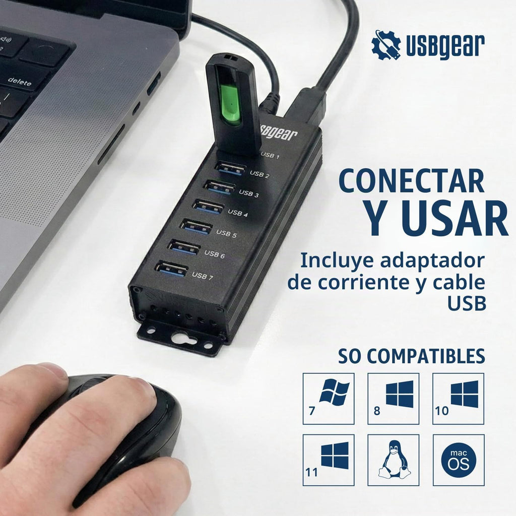 USBGear, USBG-BREC307, hub USB 3.2 de 7 puertos, alimentado, adaptador 5V/4A