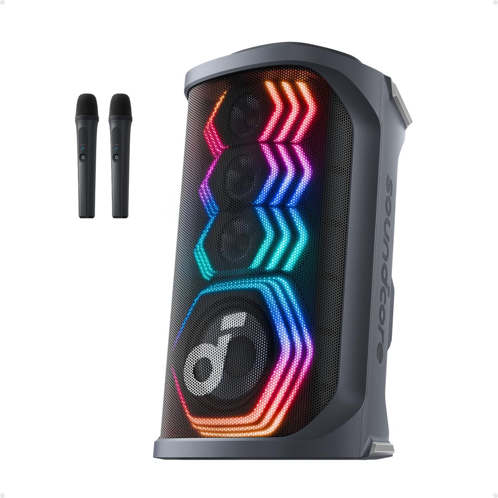 soundcore Rave 3S - Altavoz de fiesta AI con 2 micrófonos inalámbricos, sonido de 200 W, eliminación de voz AI, reverberación, espectáculo de luz, tiempo de reproducción de 12 horas, sistema PA