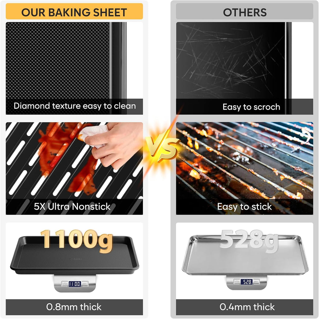 Juego de bandejas antiadherentes para hornear con estante de enfriamiento, 4 hojas de galletas para hornear, sartenes de horno de acero al carbono resistentes de 0.03 in, media hoja recubierta de
