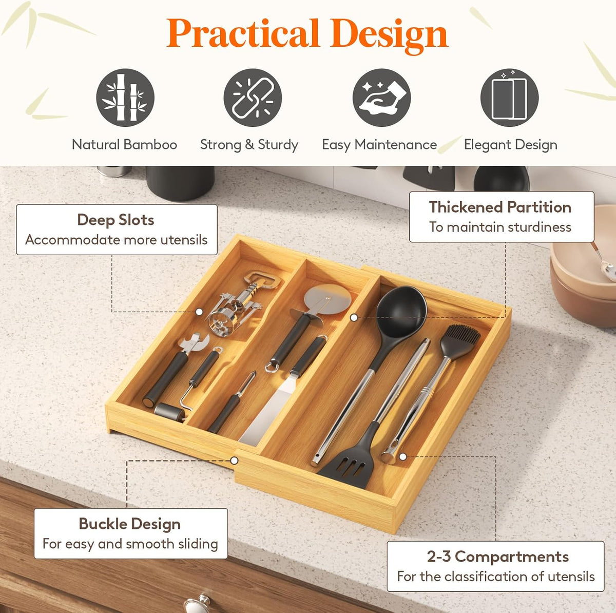 Lifewit Bamboo Utensil Organizer para Kitchen Drawer, Cooking Utensil Tray