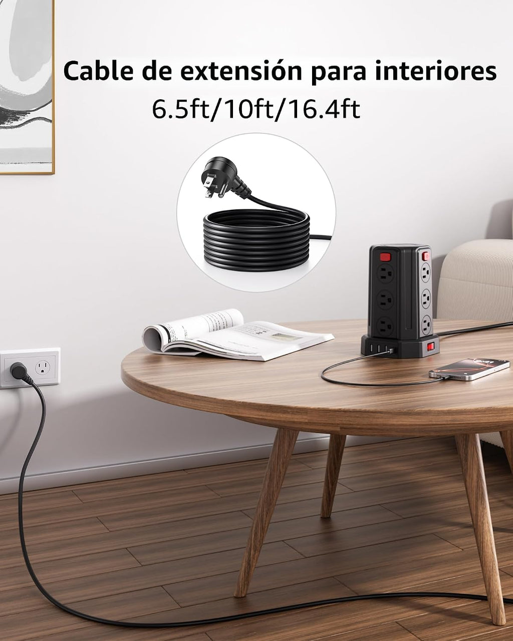 SMALLRT - Cable de extensión de 10 pies con 12 tomas de corriente alterna múltiples, 4 USB (1 USB C), estación de carga de escritorio SMALLRT para hogar, oficina, universidad, dormitorio esencial