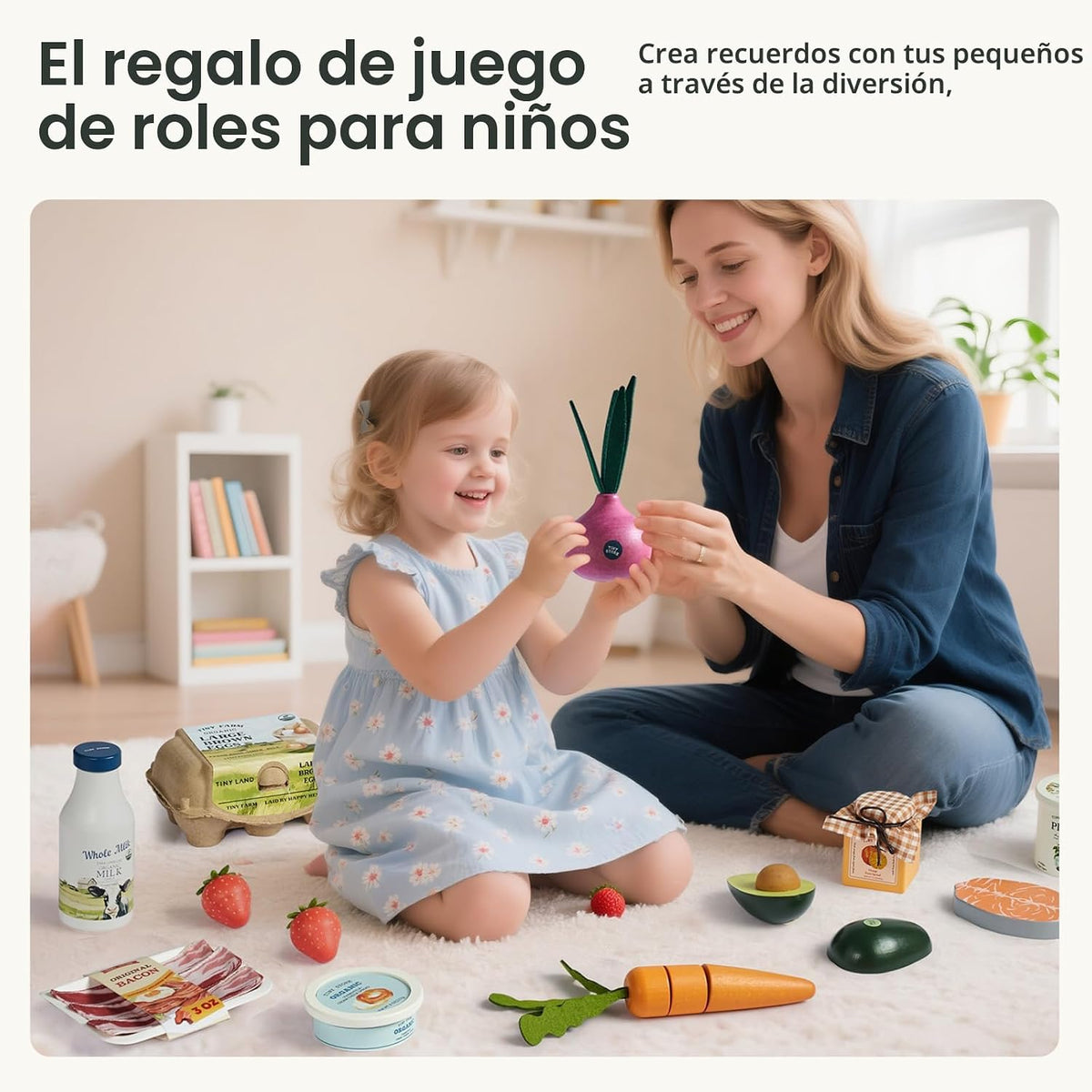 Tiny Land Wooden Play Food para Kids Kitchen, Pretend Food Dairy Set Toy