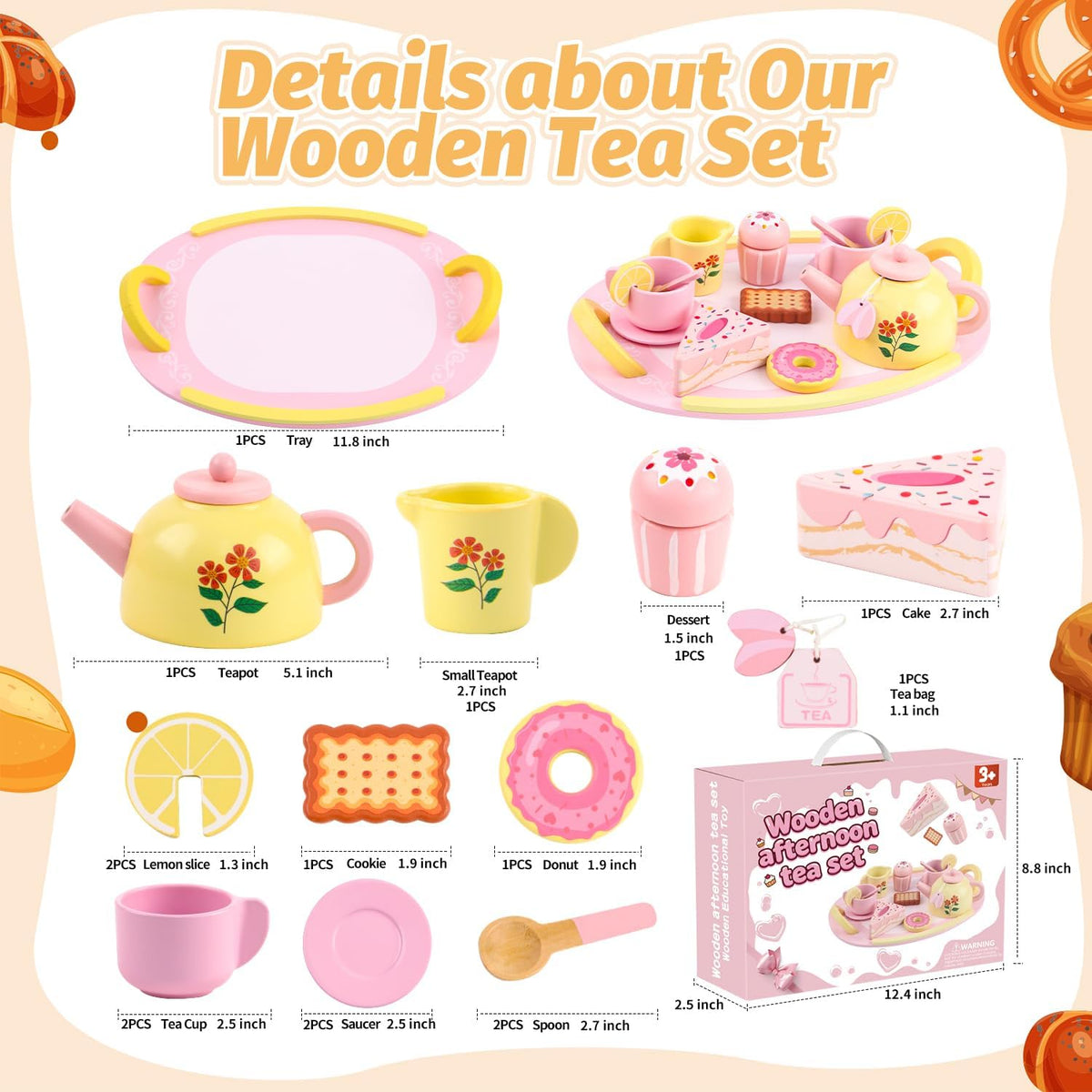 Juego de té de madera para fiestas de té para 3-5 niñas 4-6 6-8