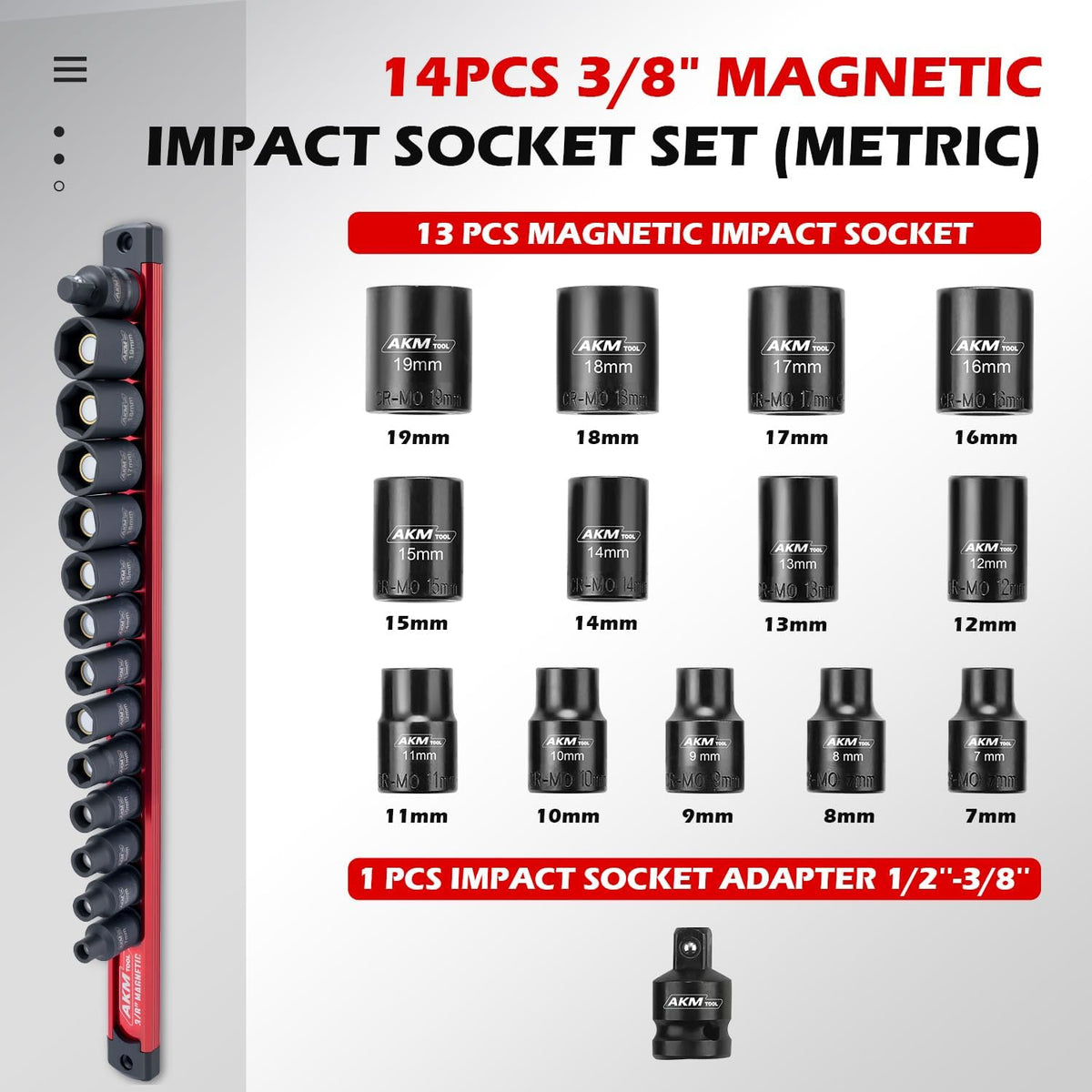 Juego de Dados Magnéticos de 3/8 de pulgada para llave de impacto, 14 piezas métricas, 7mm-19mm, 6 puntos, Cr-Mo, enclavamiento cuadrado, dado magnético con adaptador y rail magnético
