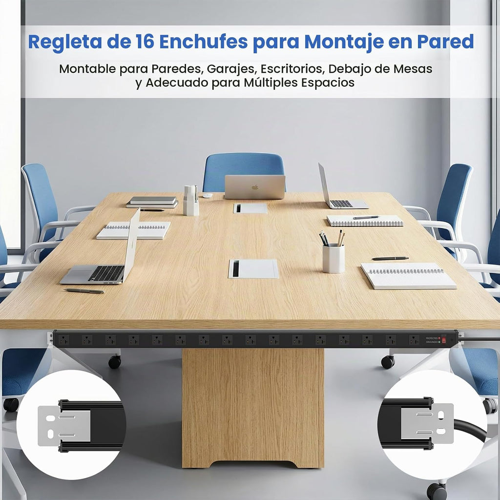 Regleta de alimentación larga de 16 tomas, protección contra sobretensiones 4800J, amplio espaciado, calibre 12, protector de sobretensiones industrial con interruptor de 20 amperios, cable de extensión de alto amplificador 6-20R, ranura en T, 6 pies