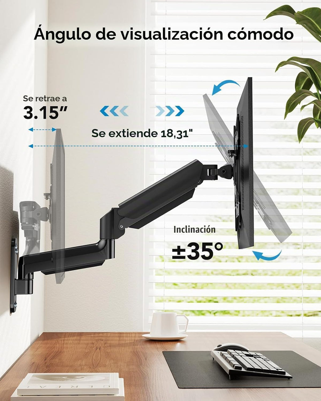 HUANUO Soporte de pared para monitor de computadora para pantallas de 22"-35", brazo de monitor de montaje en pared para juegos con capacidad para hasta 26.4 libras, soporte Vesa con inclinación, giro