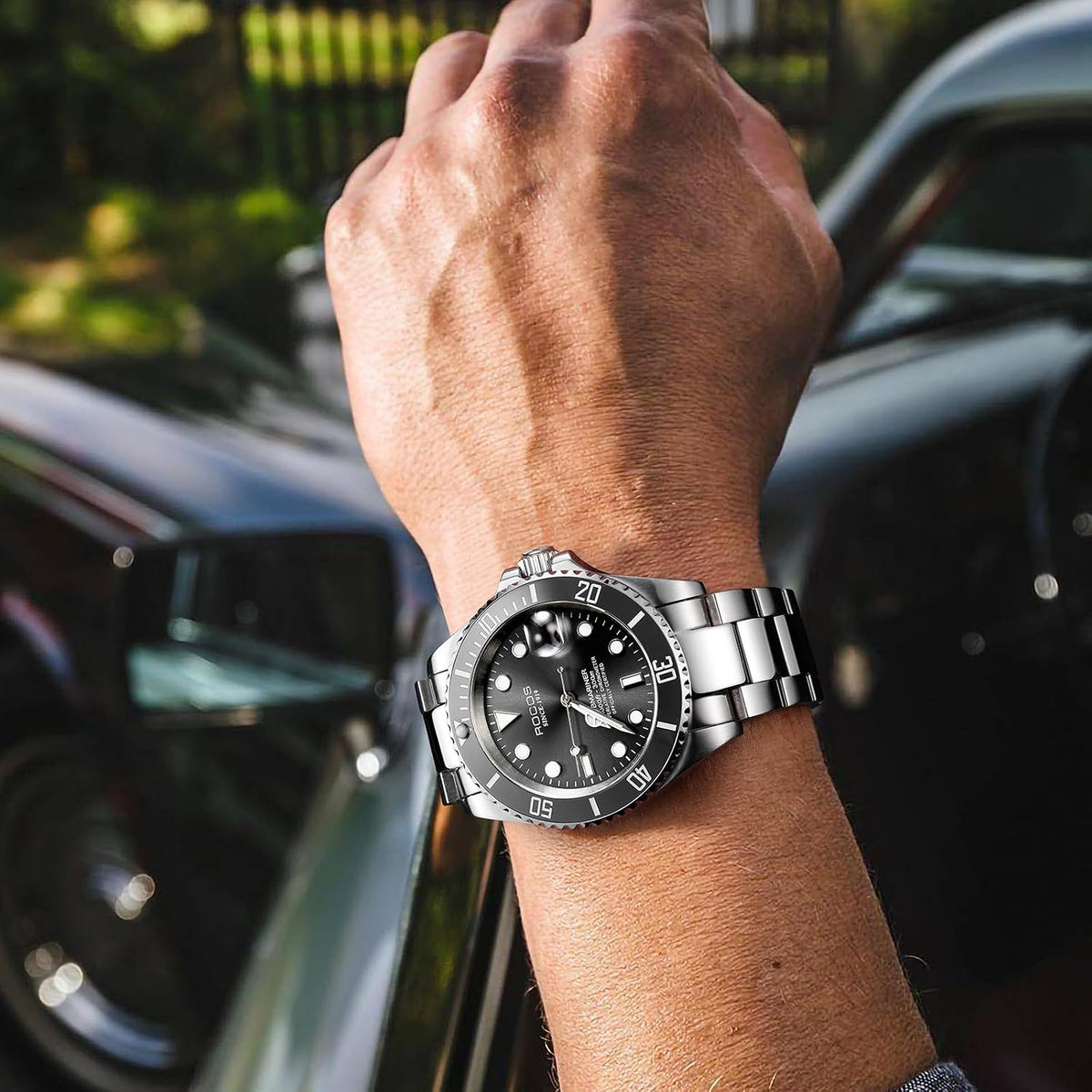ROCOSJEWE Reloj mecánico automático para hombre, esfera negra, bisel de cerámica, impermeable, pantalla de calendario luminoso, correa ajustable de acero inoxidable, regalos R0158black